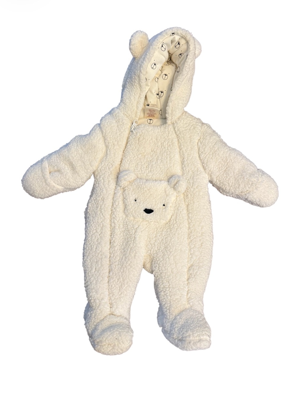 Plush Fleece Bear One-Piece Snowsuit - White -Size 0-3 Months